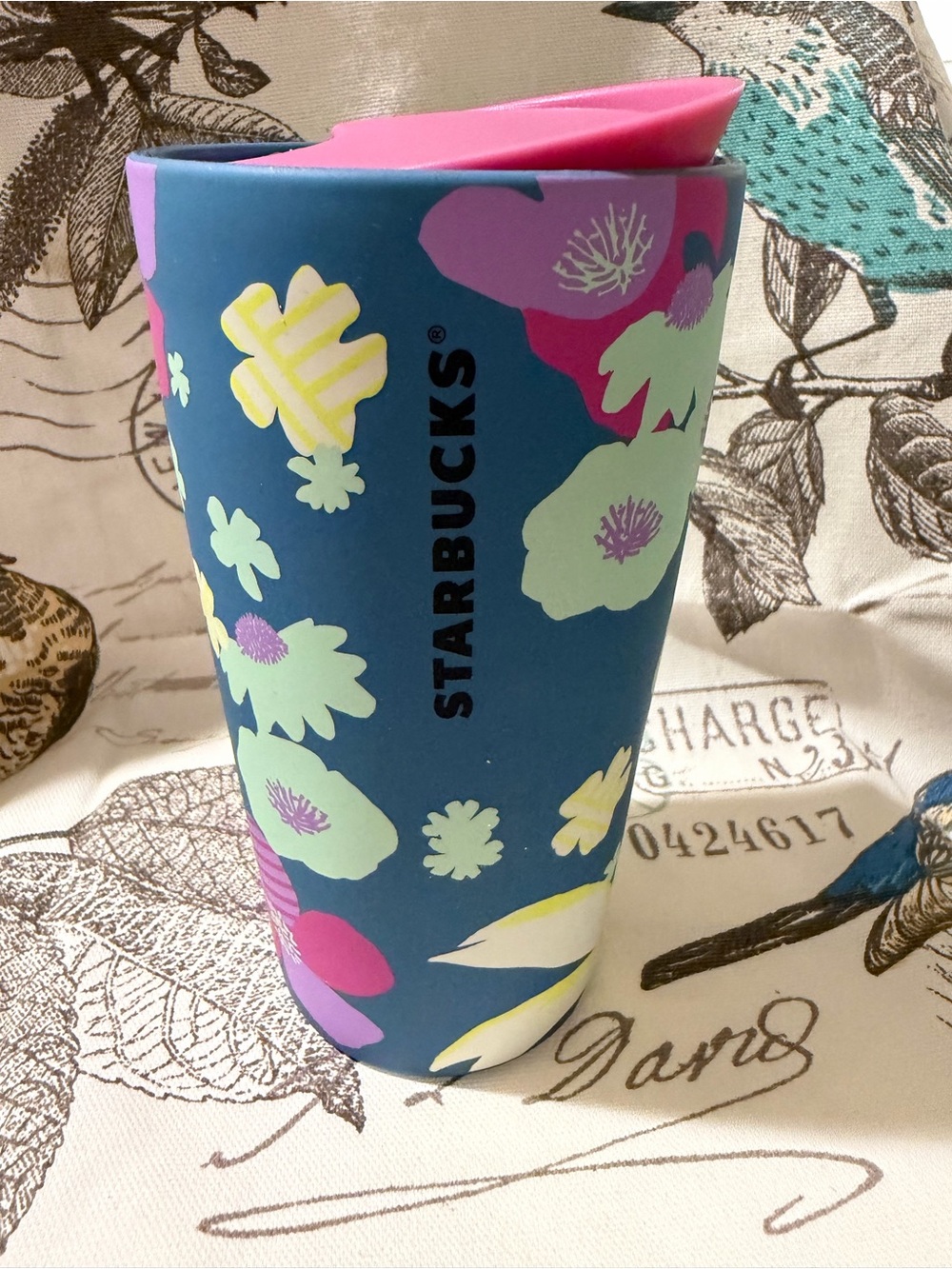 Starbucks Blue Floral Travel Tumbler with Pink Lid